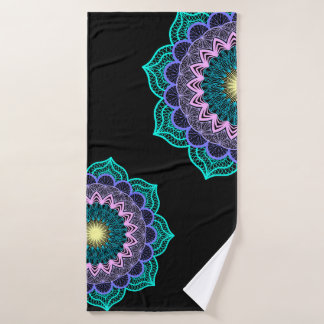 Colourful Mandala on Black Background Bath Towel