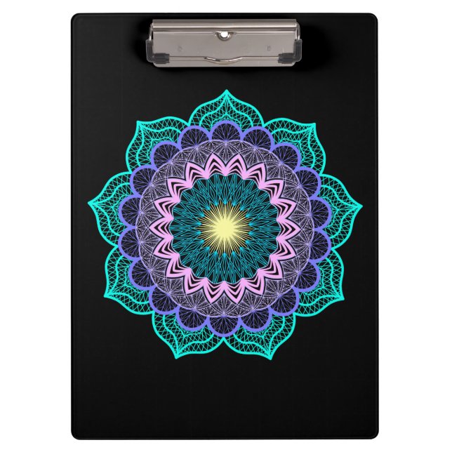 Colourful Mandala on Black Background Clipboard (Front)