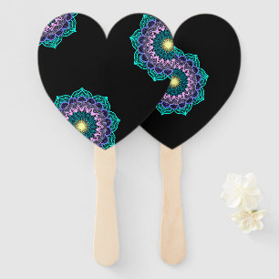 Colourful Mandala on Black Background Hand Fan