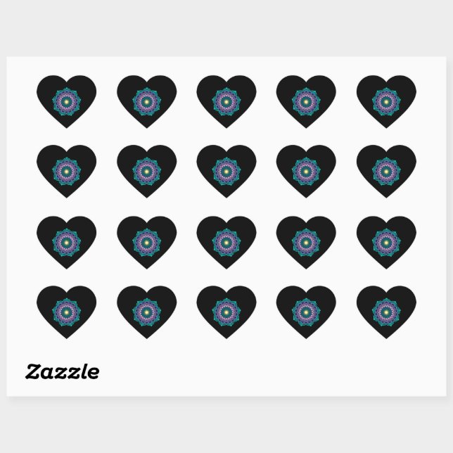 Colourful Mandala on Black Background Heart Sticker (Sheet)