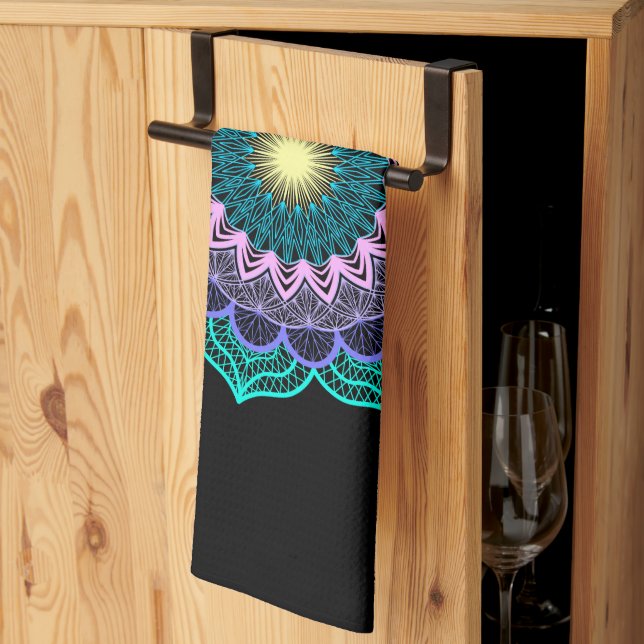 Colourful Mandala on Black Background Kitchen Towel (Thirds Fold)