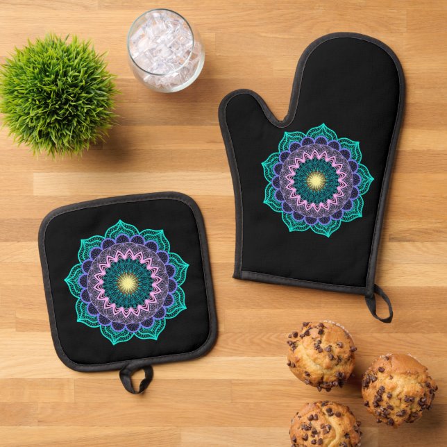 Colourful Mandala on Black Background Oven Mitt & Pot Holder Set (Top Down)