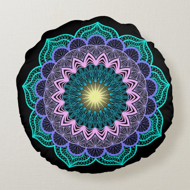 Colourful Mandala on Black Background Round Pillow (Back)