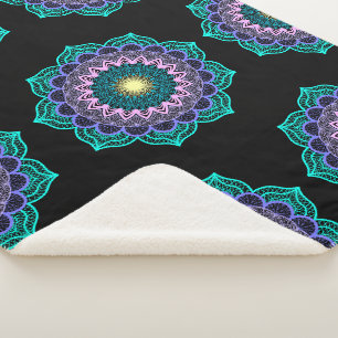 Colourful Mandala on Black Background Sherpa Blanket