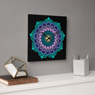 Colourful Mandala on Black Background Square Wall Clock