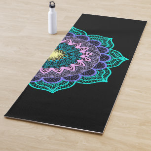 Colourful Mandala on Black Background Yoga Mat