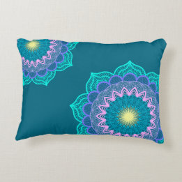 Colourful Mandala on Blue Background Accent Pillow