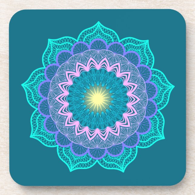 Colourful Mandala on Blue Background Coaster (Front)