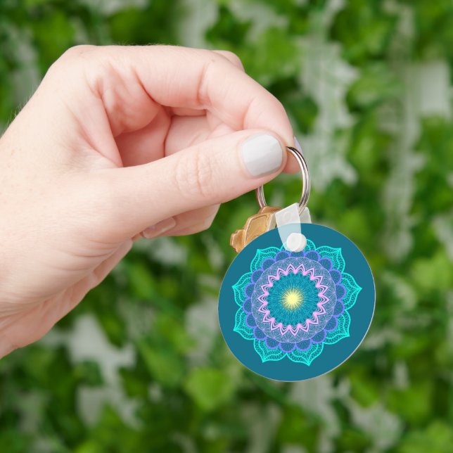 Colourful Mandala on Blue Background Keychain (Hand)