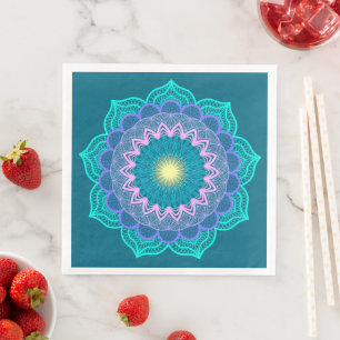 Colourful Mandala on Blue Background Napkin