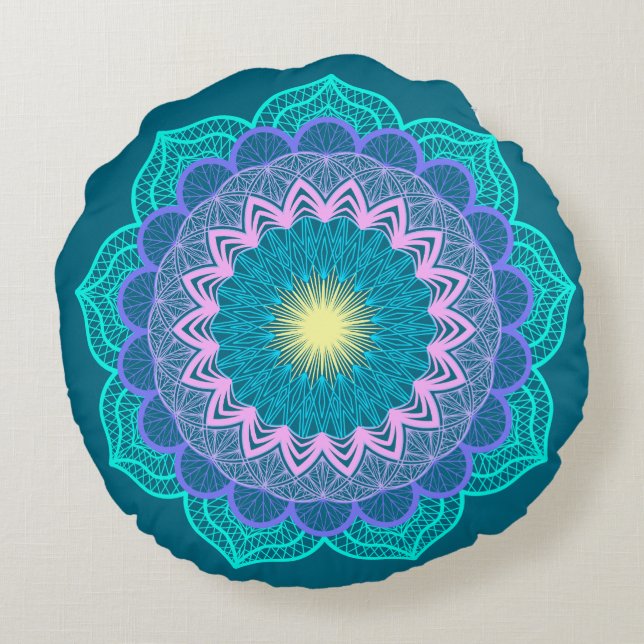 Colourful Mandala on Blue Background Round Pillow (Back)