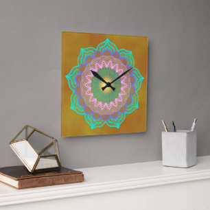 Colourful Mandala on Gold Background Square Wall Clock