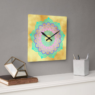 Colourful Mandala on Soft Gold Background Square Wall Clock