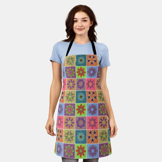 Colourful Mandala Tile Pattern – Boho Geometric Apron (Worn)
