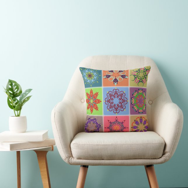 Colourful Mandala Tile Pattern – Boho Geometric Throw Pillow (Chair)