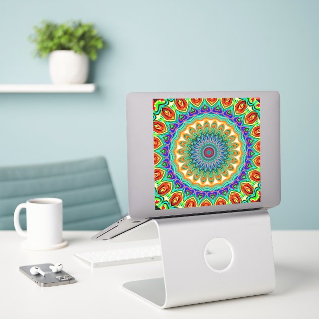 Colourful mandala vinyl sticker (Laptop On Desk)