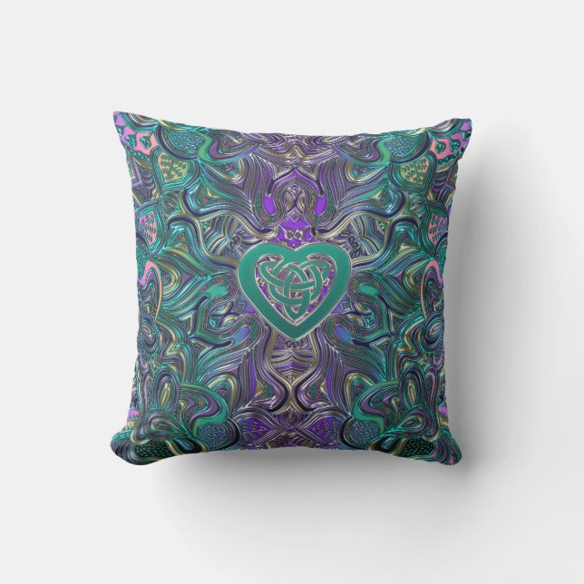 Colourful Mandala With Celtic Heart Outdoor Pillow (Front)