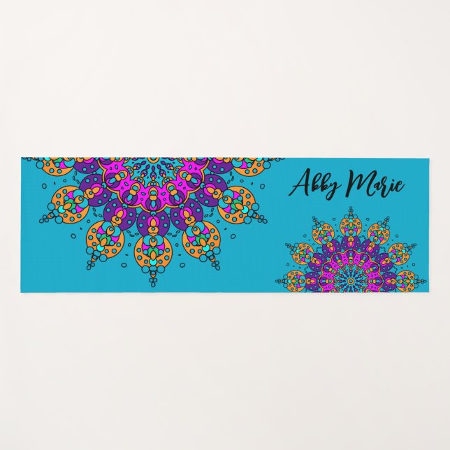 Colourful Mandalas Personalized Name Teal Prayer O Yoga Mat (Front (Horizontal))