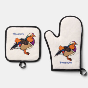 Colourful mandarin duck illustration oven mitt & pot holder set