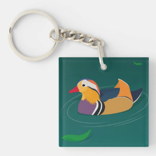 Colourful Mandarin Duck Modern Art on Green Keychain