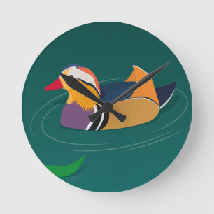 Colourful Mandarin Duck Modern Art on Green Round Clock
