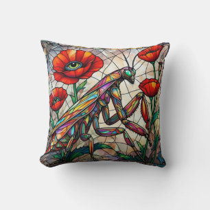 Colourful Mantis Stained Glass Poppies Steampunk  Throw Pillow