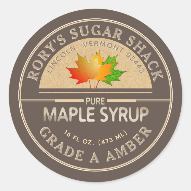 Colourful Maple Leaves Maple Syrup Kraft and Brown Classic Round Sticker (Front)