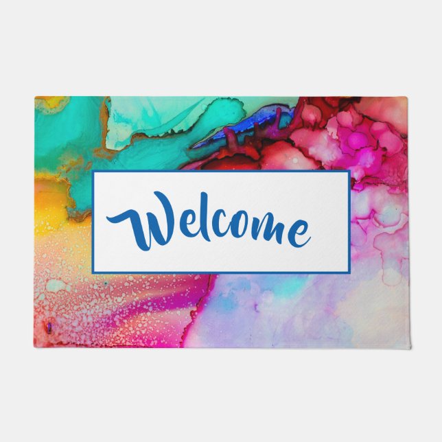 Colourful Marble Abstract Watercolor Welcome Doormat (Front)
