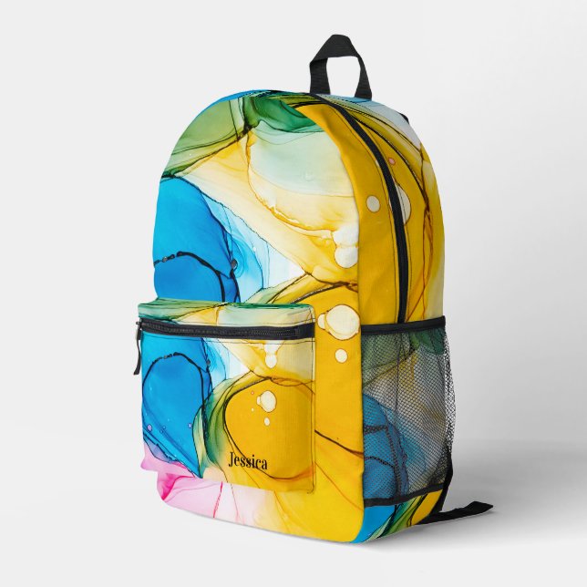 Colourful Marbled Alcohol Ink  Customizable Name  Printed Backpack (Back Corner Right)