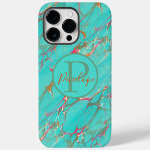 Colourful Marbled Faux Turquoise with Monogram  Case-Mate iPhone 14 Pro Max Case