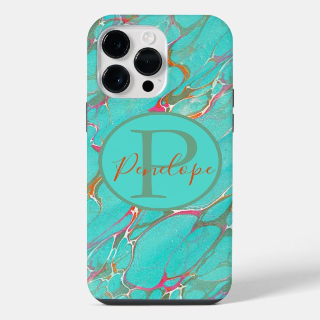 Colourful Marbled Faux Turquoise with Monogram  iPhone Case (Back)