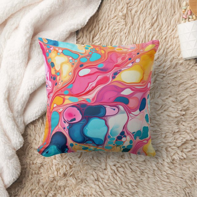Colourful Marbled Pattern Paint Design Throw Pillow (Blanket)