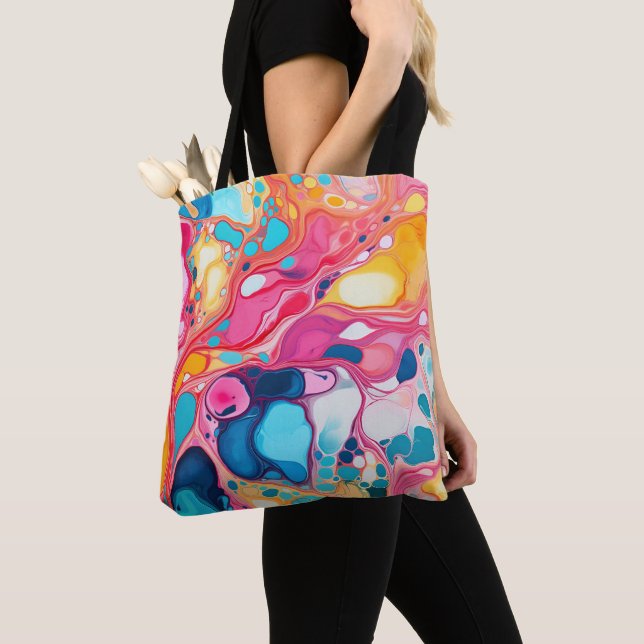 Colourful Marbled Pattern Paint Design Tote Bag (Close Up)