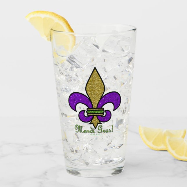 Colourful Mardi Gras Fleur De Lis Glass Cup (Front Ice)