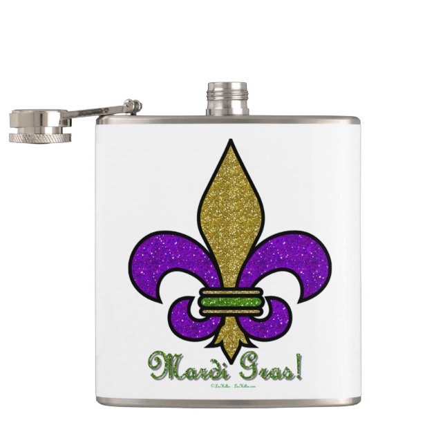 Colourful Mardi Gras Fleur De Lis Hip Flask (Opened)