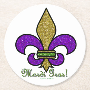 Colourful Mardi Gras Fleur De Lis Round Paper Coaster