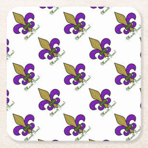 Colourful Mardi Gras Fleur De Lis Square Paper Coaster