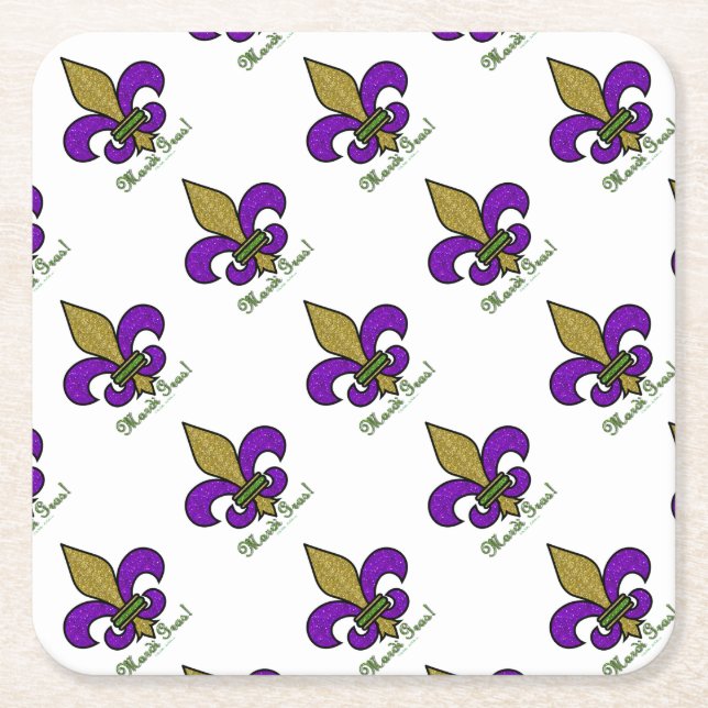 Colourful Mardi Gras Fleur De Lis Square Paper Coaster (Front)