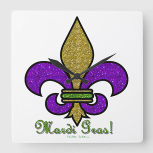 Colourful Mardi Gras Fleur De Lis Square Wall Clock