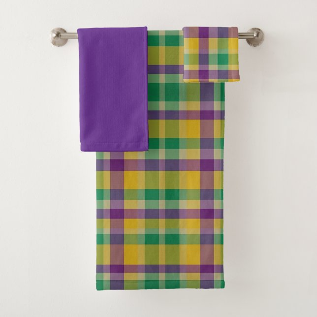 Colourful Mardi Gras gingham patterned Bath Towel Set (Insitu)