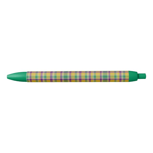 Colourful Mardi Gras gingham patterned Black Ink Pen (Front)