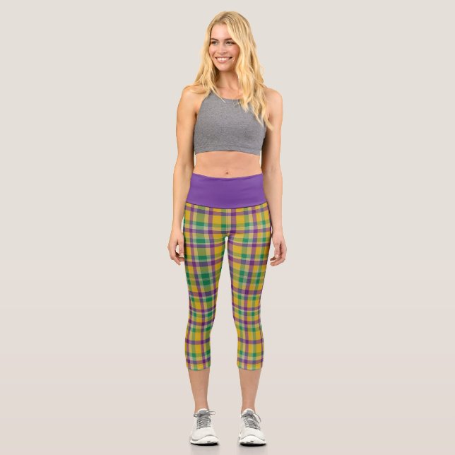 Colourful Mardi Gras gingham patterned Capri Leggings (Front)
