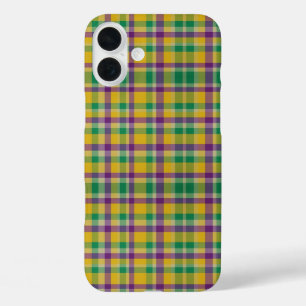 Colourful Mardi Gras gingham patterned iPhone 16 Plus Case