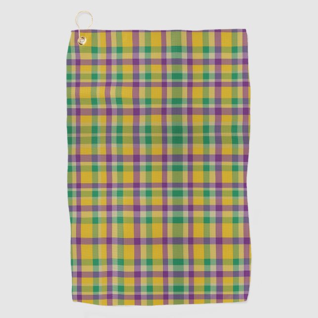Colourful Mardi Gras gingham patterned Golf Towel (Front)