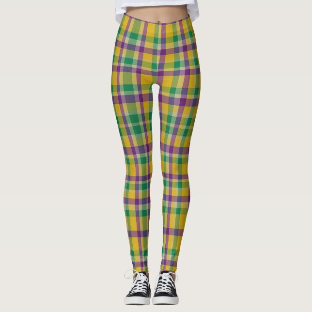 Colourful Mardi Gras gingham patterned Leggings (Front)