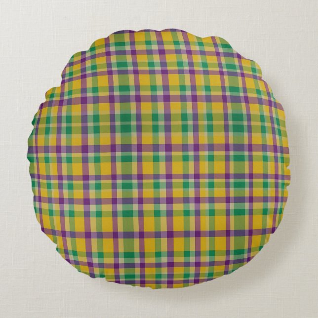 Colourful Mardi Gras gingham patterned Round Pillow (Front)