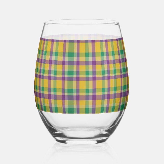 Colourful Mardi Gras gingham patterned Stemless Wine Glass (Front)