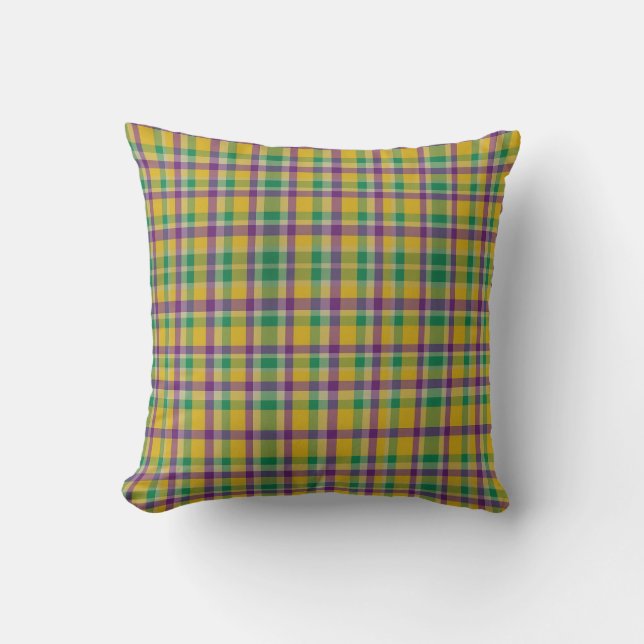 Colourful Mardi Gras gingham patterned Throw Pillow (Front)
