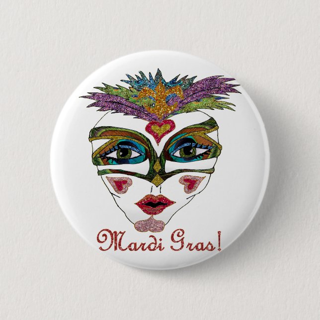 Colourful Mardi Gras Glitter Feather Mask 2 Inch Round Button (Front)