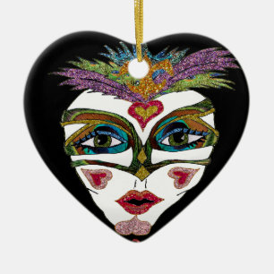 Colourful Mardi Gras Glitter Feather Mask Ceramic Ornament
